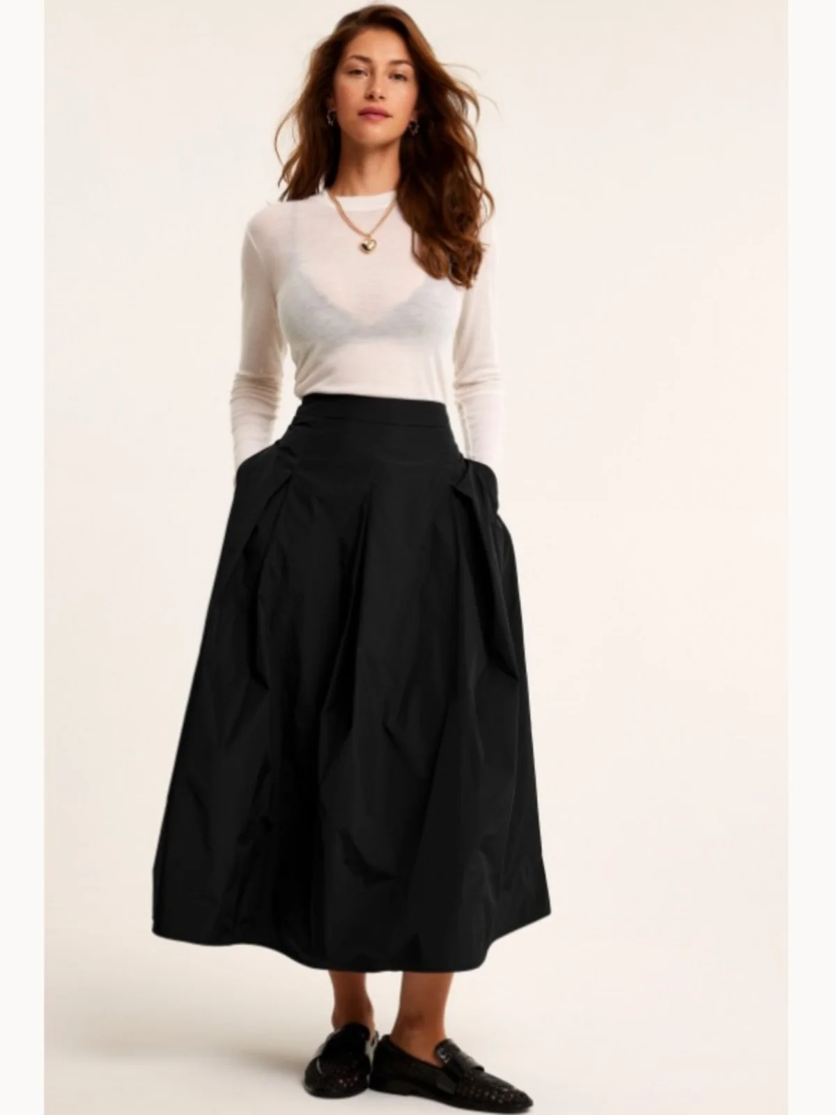 ผู้หญิงเอวสูงกระโปรง Midi Bla จีบกระโปรง Qui แห้ง Ele Sle นวนิยายสีบริสุทธิ์เส้นใยโพลีเอสเตอร์