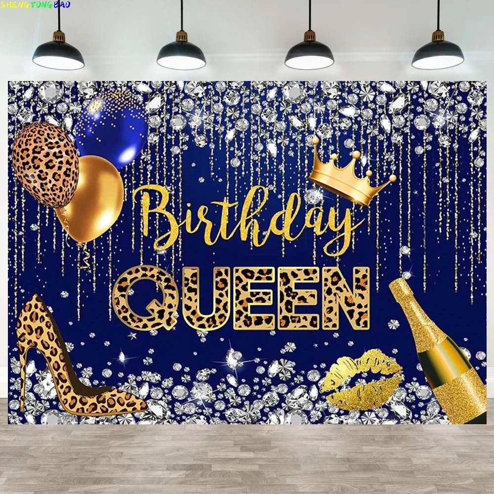 

Girl Woman Birthday Party Backdrop Black Gold Crown Leopard Pearl Balloon Champagne Party Decor Banner Photography Background