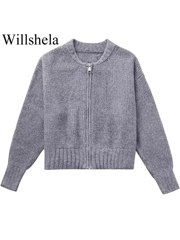 Willshela Women Fashion Grey Front Zipper Knitted Sweater Vintage O-Neck Long Sleeves Female Chic Lady Tops Outfits