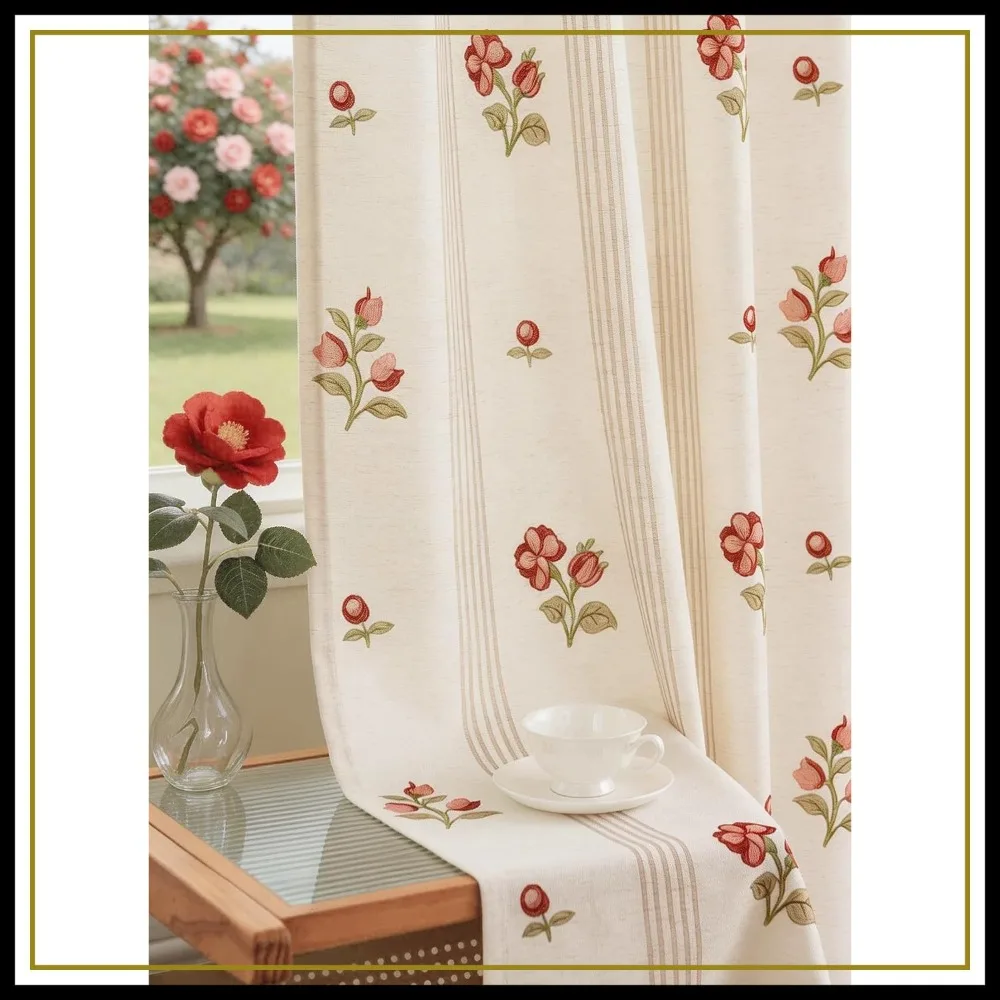 

Pinch Pleated Floral Linen Curtains 90 Inch Length Light Filtering Farmhouse Drapes 2 Panels