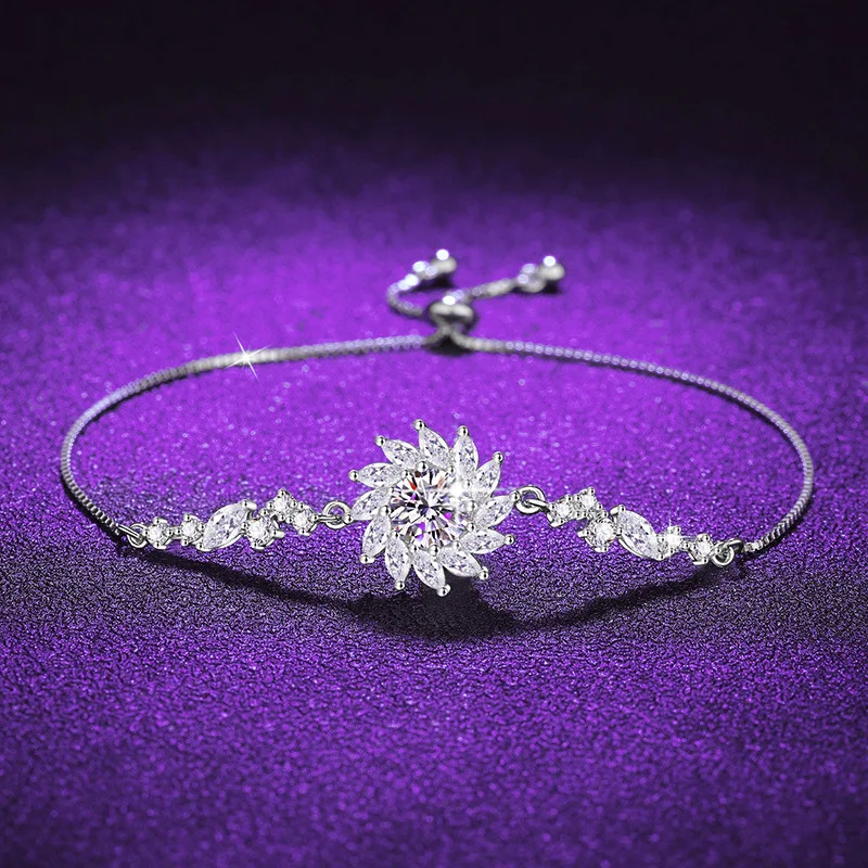 

S925 Silver White Gold Plated 1CT D Color Moissanite Sparkling Sunflower Bracelet for Women, Exquisite Jewelry.