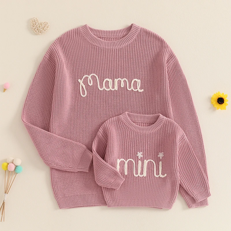 Suefunskry Family Matching Sweaters 1PC Mommy and Me Letter Embroidery Knitwear Long Sleeve Round Neck Warm Pullover Tops