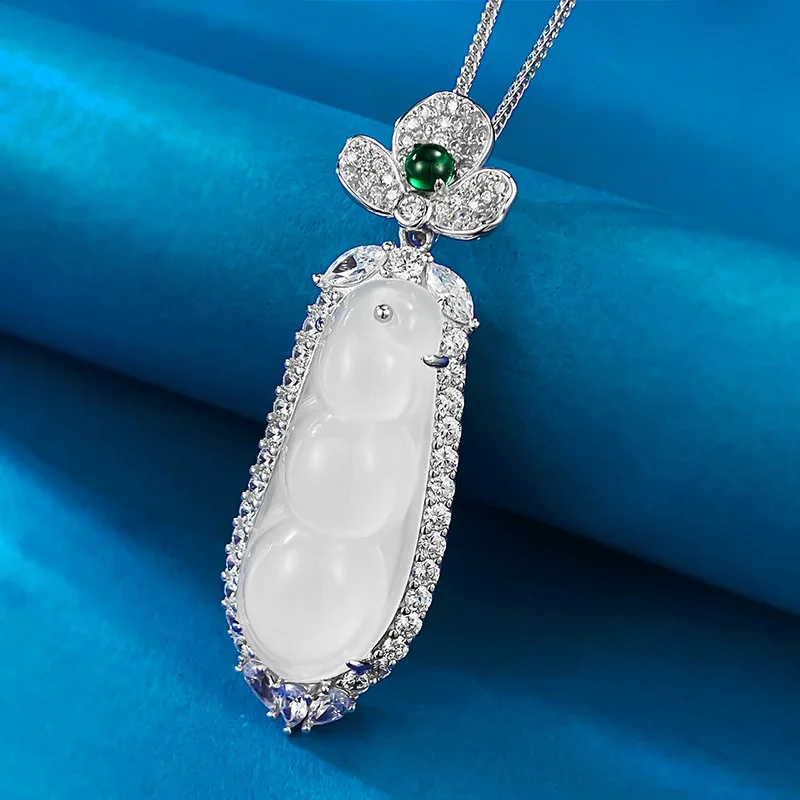 

S925 Silver Inlaid Jade Marrow String Bean Jade Pendant Necklace for Women's Same Style Fudouzi Versatile Sweater Chain