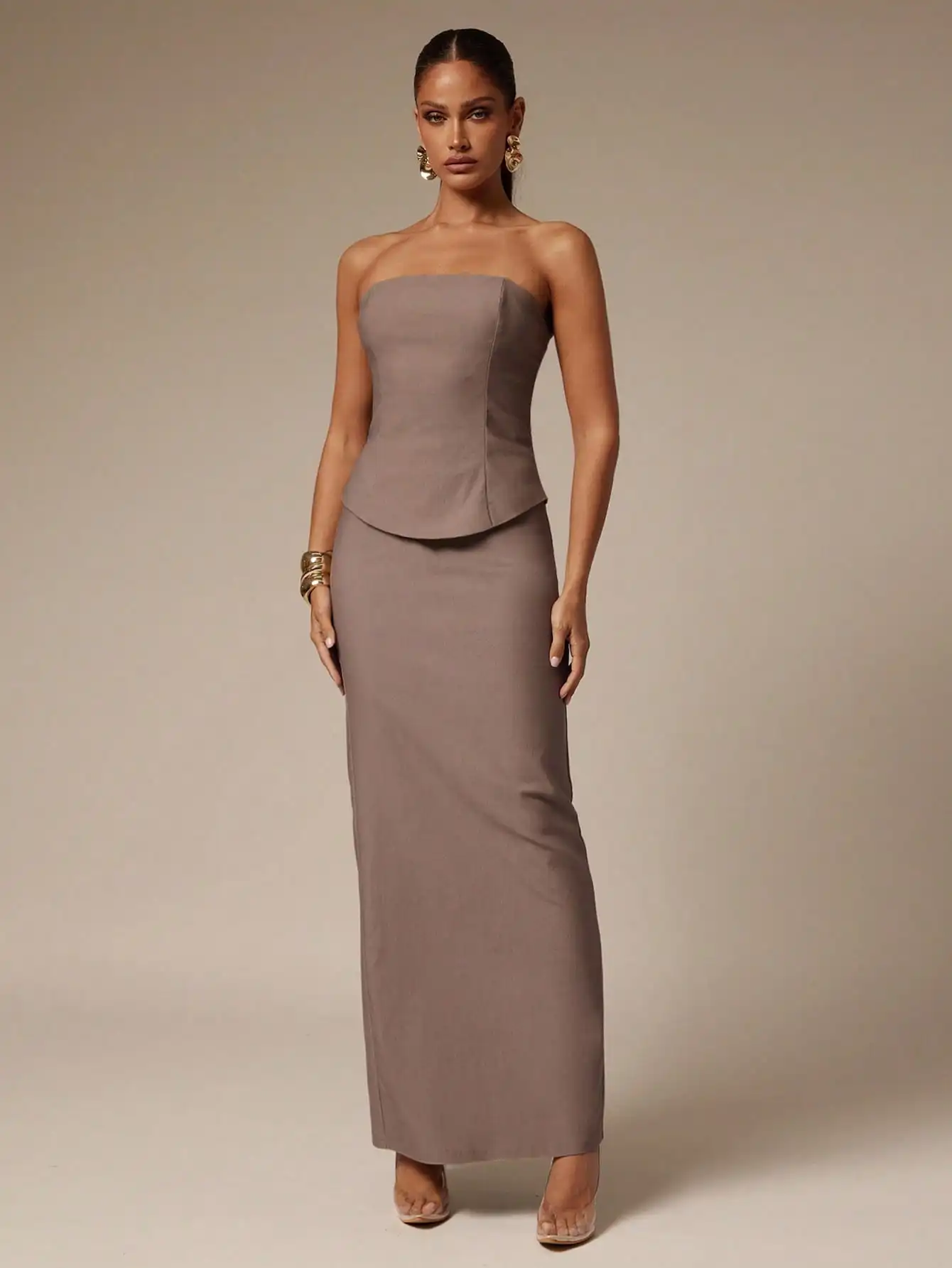 여성용 미니멀리스트 튜브탑 & 롱 스커트 2피스 세트, 카키색, 데이트나 출퇴근용 우아한 오피스룩