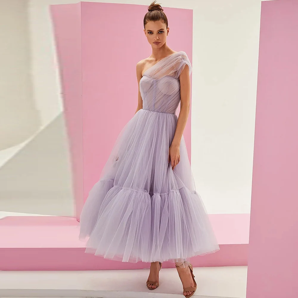 

Modern Graduation Dresses Tulle A-line 2024 Birthday Dress Lavender One-shoulder Ruched Pleat Elegant Homecoming Gown Midi