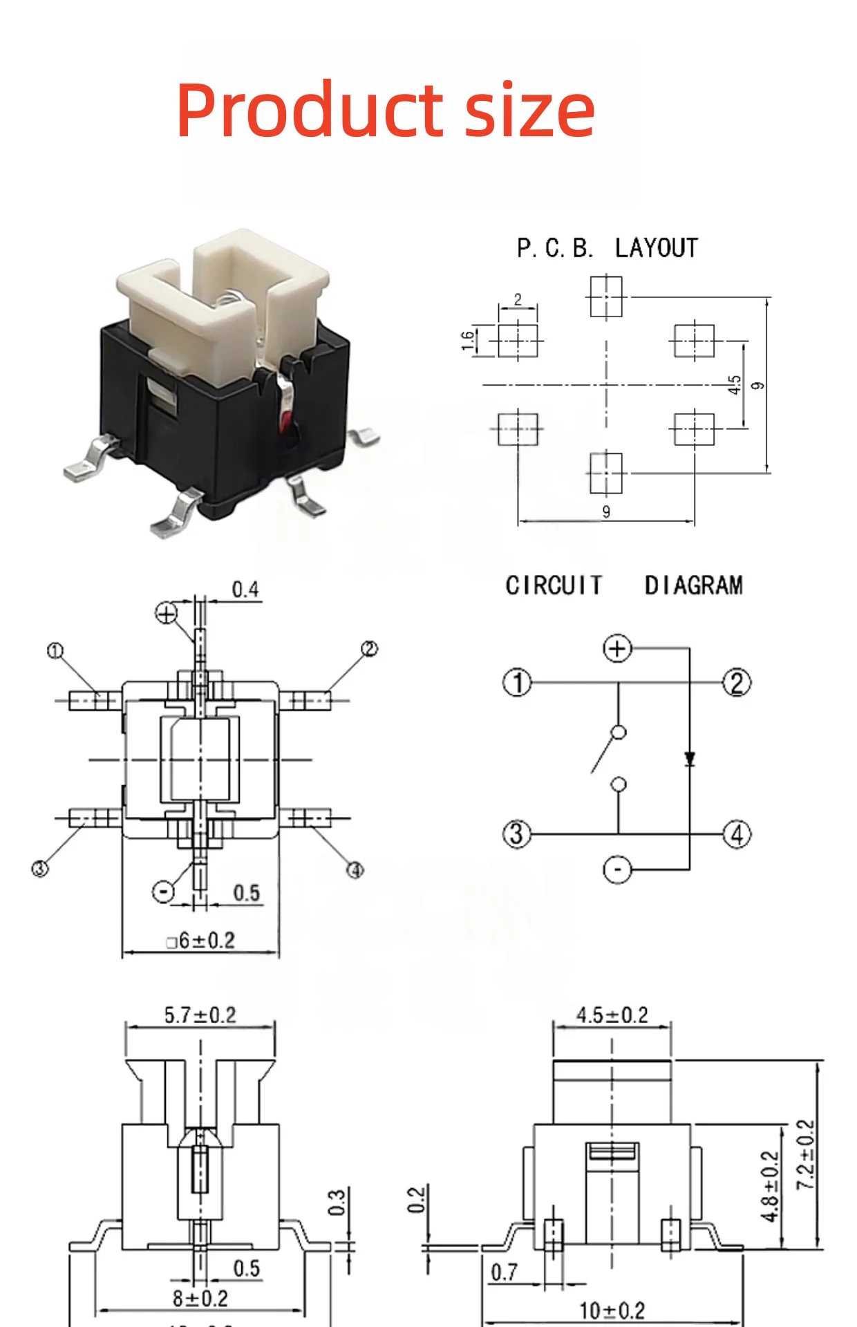10PCS Tact Switch With Red LED SMT Type Red Color Connector Buttons Switch 6*6*7.2H
