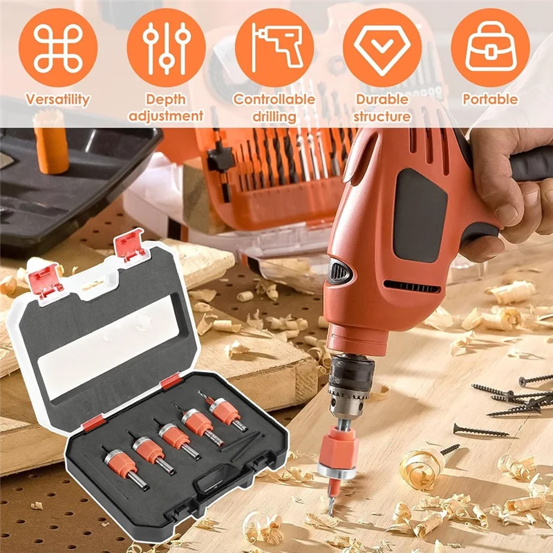 

ABFI Adjustable Screw Cover 5 Pcs Single Hole Punch, 5/16 Inch Heavy Duty Puncher With 5 Limit Countersink Drill Bit Included