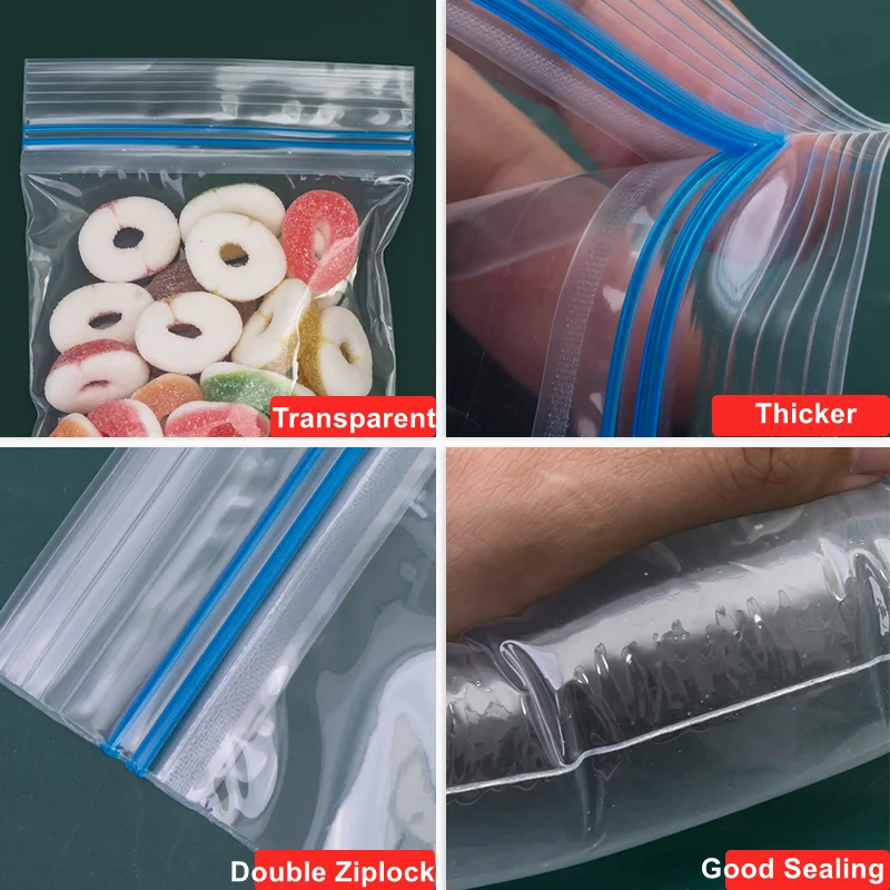 StoBag 50pcs PE Transparent Ziplock Bags Double Self-sealing Clear Food Packaging Pouches Storage Waterproof Reusable Plastic