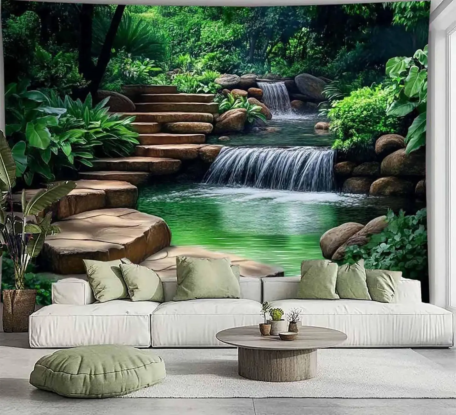 Forest Waterfall Tapestry Mountain Stream Landscape Green Nature Wall Art for Bedroom Living Room Dorm Decor