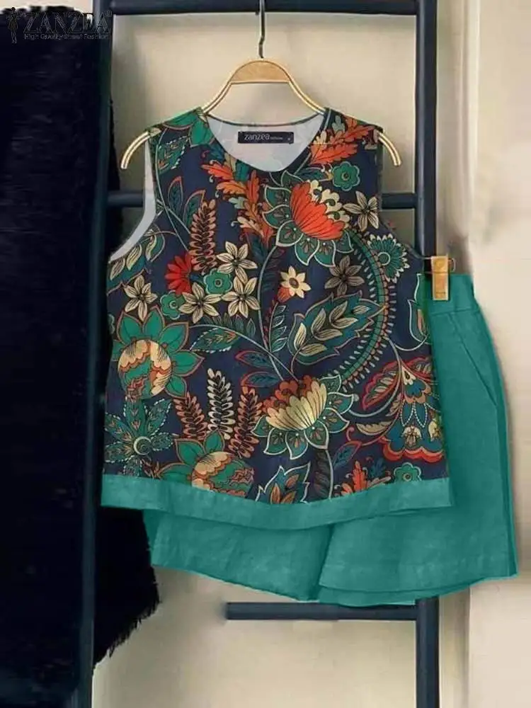 ZANZEA-Fatos Bohemiain para mulheres, tops sem mangas, agasalho estampado floral, moda verão, conjuntos de 2 peças