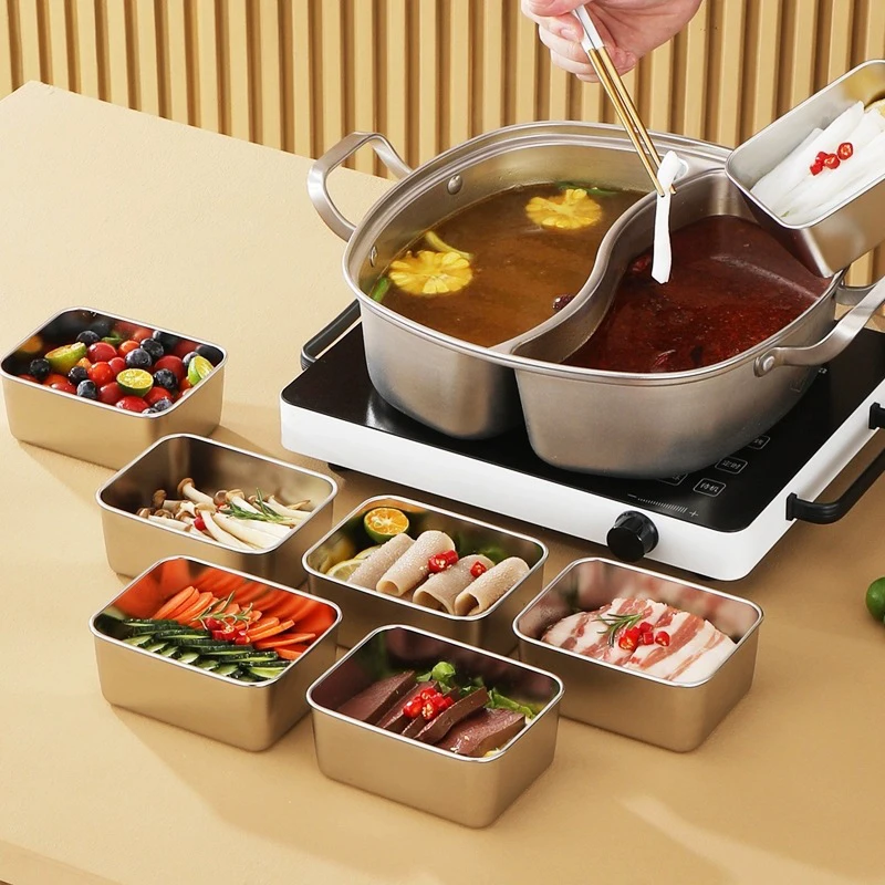 Stainless Steel Food Storage Serving Trays Rectangle Sausage Noodles Fruit Dish Home Kitchen Organizers Food Container