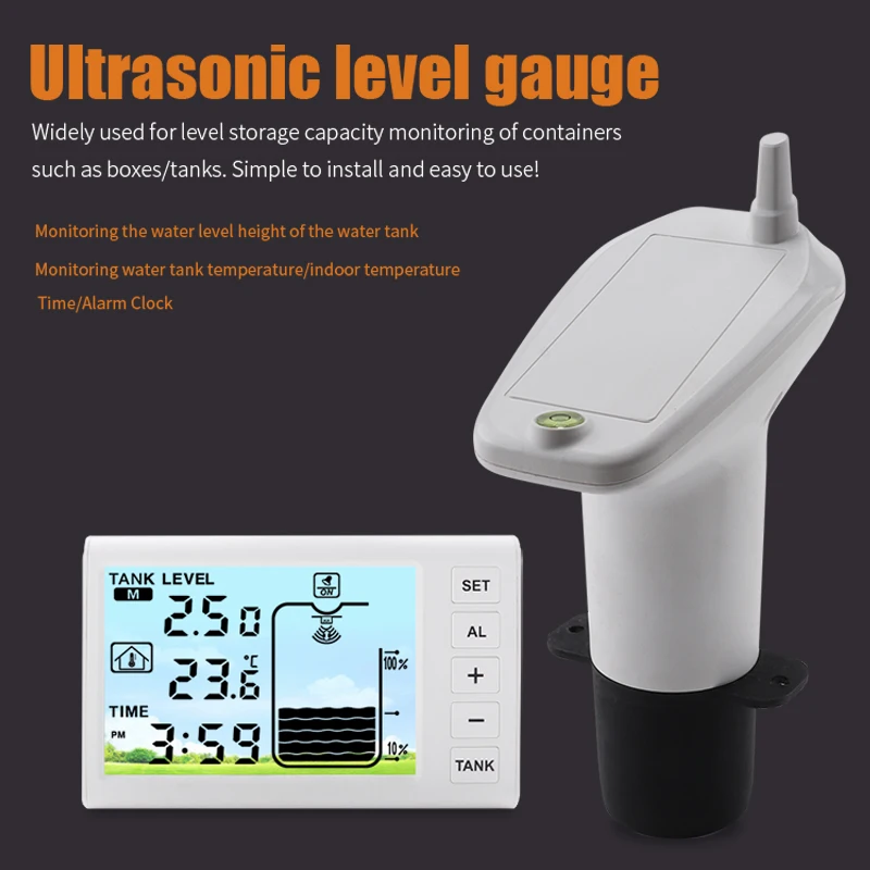 Ultrasonic Level Guage Wireless LCD Display Indoor Water Tank Liquid Level Meter Temperature Height Monitor Alarm Clock Sensor