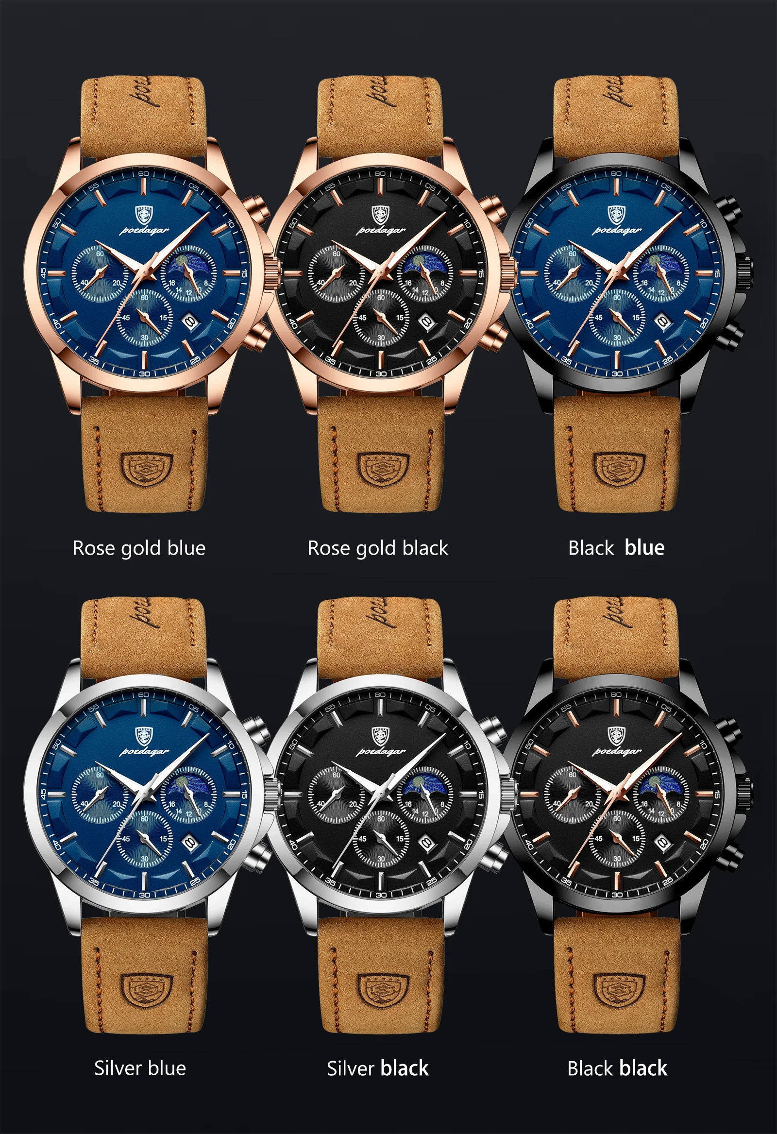 POEDAGAR Sport Luxus Männer Quarzuhr Wasserdicht Chronograph Leucht Datum Mann Armbanduhr Business Leder herren Uhren Uhr – Detail 8