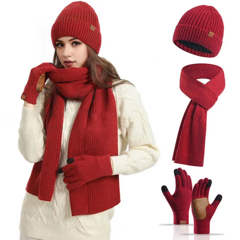 

Thermal Lined Beanie Set Winter Beanie Scarf Gloves Set Knitted Warm Cap Friction Palm Gloves Windproof Dome Neck for Outdoor