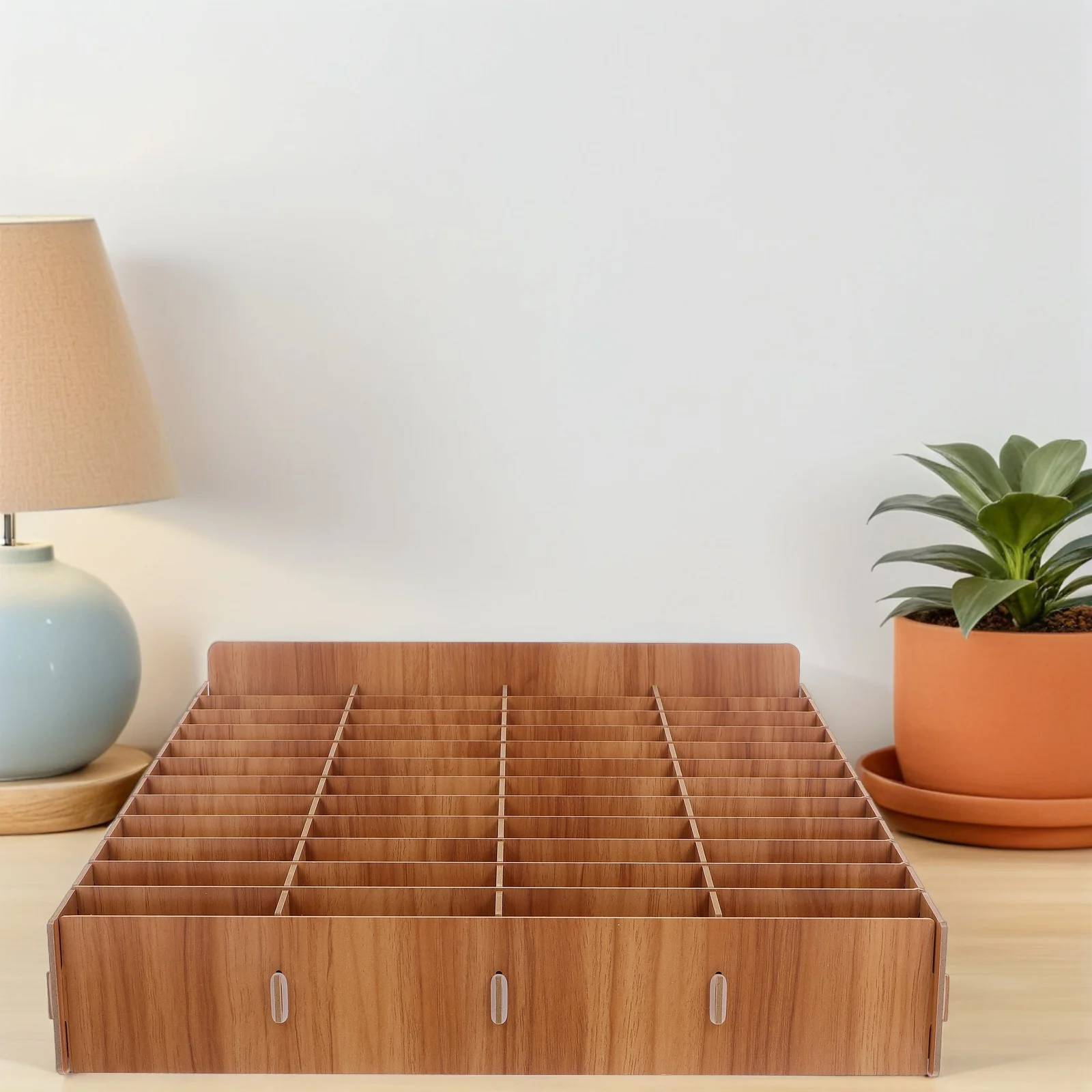 48 Grid Wooden Cell Phone Organizer Rack Mobile Phone Storage Box for Classroom Office Desk Brown Wooden Desk Storage Box