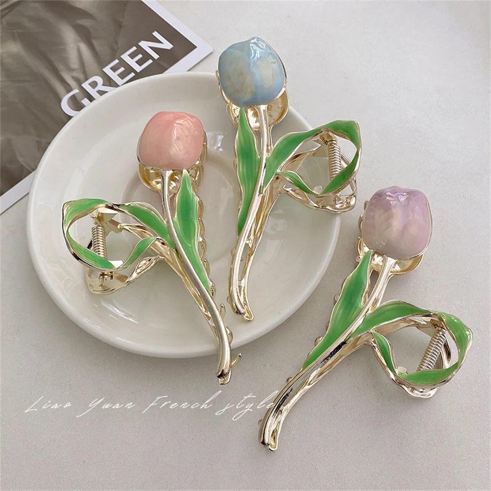 Fashion Metal Flower Hair Claw Elegant Multicolor Tulip Hairclip for Women Girls Makeup Washing Face Ponytail Bun Hairpins Gifts