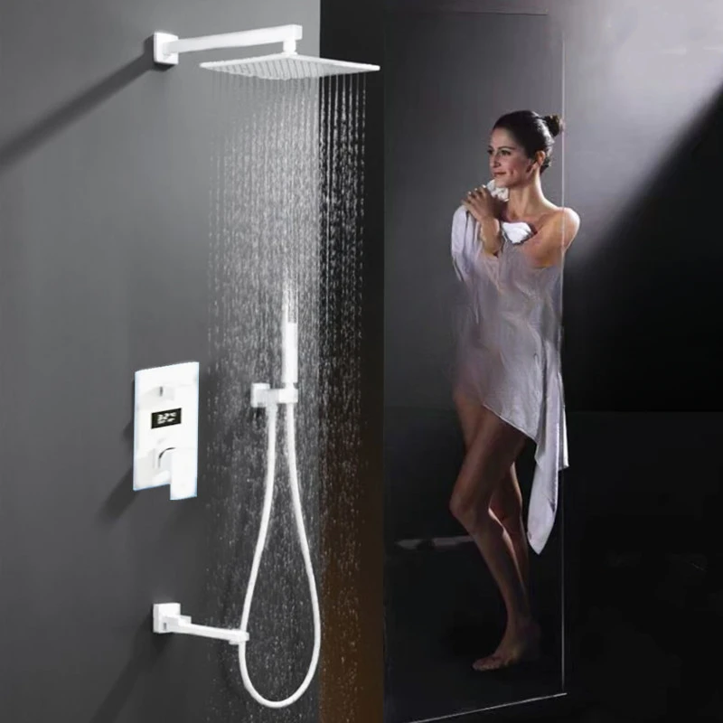 White concealed shower, all copper, wall mounted, hot melt, household bathroom, bathroom, hot and cold water temperature,