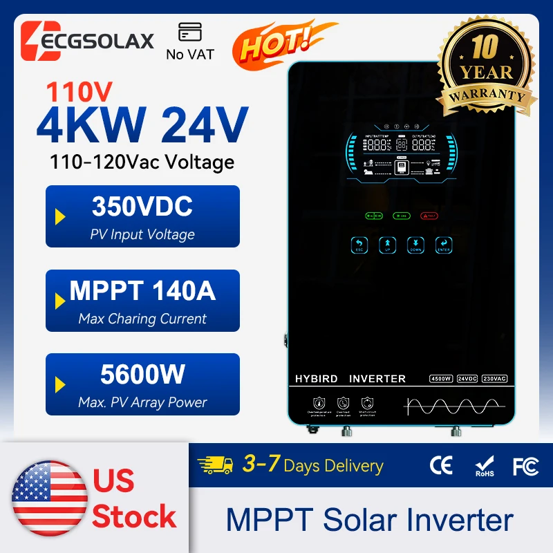ECGSOLAX 4KW Hybrid Solar Inverter 24V 110V/120V MPPT 110A Solar Charger Touch Screen LCD Max PV 350VDC