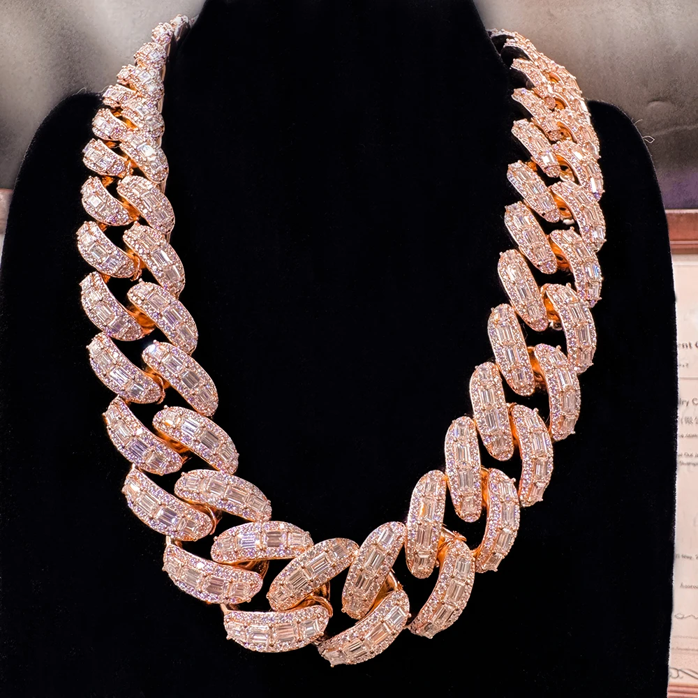 

Luxury Rappers 20MM Iced Out Rose Gold Chain Emerald Cut Moissanite Cuban Link Chain Mens Hip Hop Miami Chain