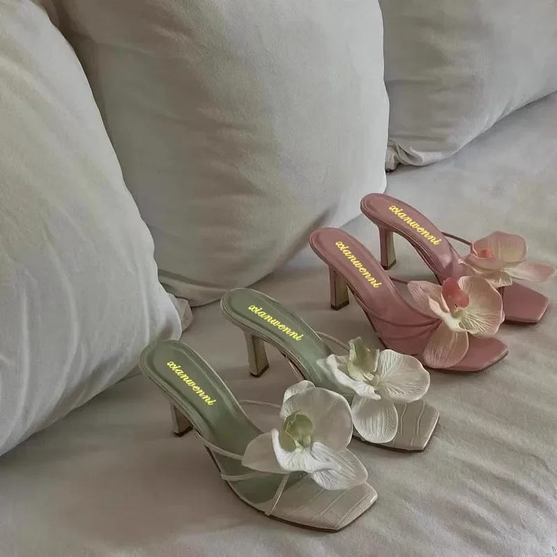 Women Fashion New Flower Clip-toe High-heeled Slippers Thin Heels Mules Slippers Elegant Party Ladies Elegant High-heeled Sandal