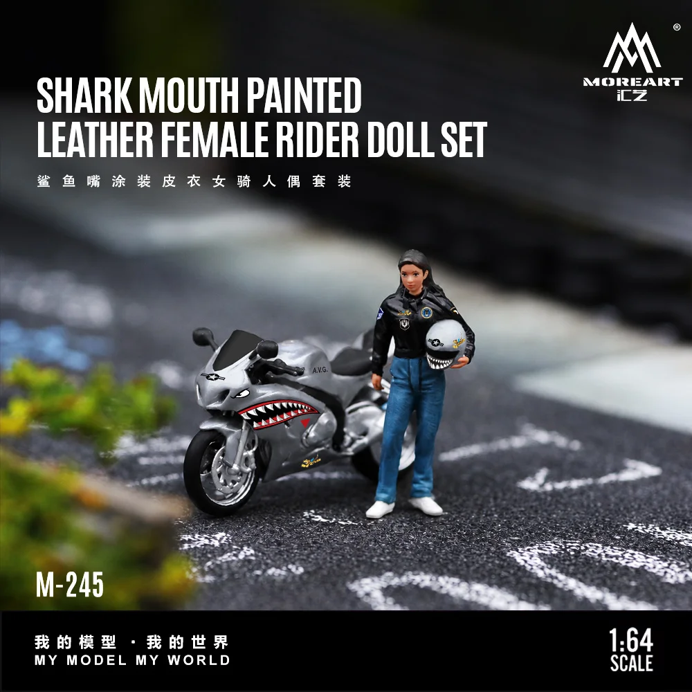 

*Pre-Order*MoreArt 1/64 Scale Shark Livery Female Rider Motorcycle Doll Set Resin Miniature Scene Decor