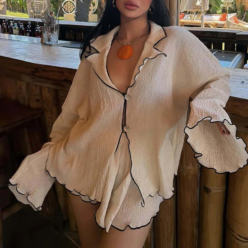 Color Blocked Long Sleeved Casual Suits 2026 Seaside Vacation Loose Two Piece Women Lapel Button Shirt and Shorts Beach Outfit