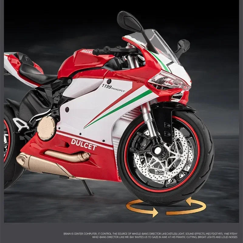 Modelo de motocicleta de aleación Ducati 1199 Panigale 1:12, modelo de motocicleta de carreras de Metal fundido a presión, adorno de luz de sonido, regalos de juguete para niños