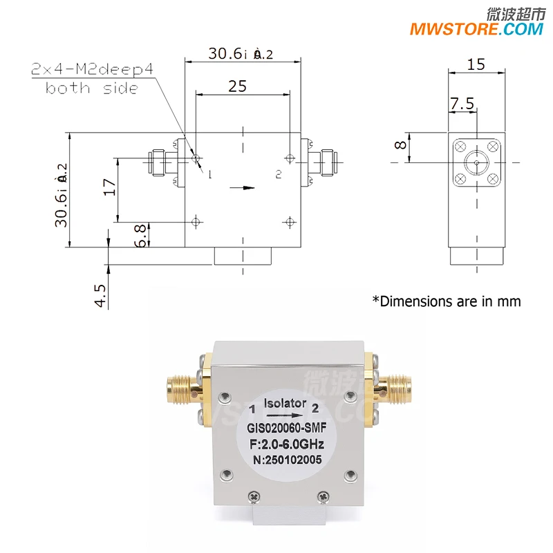Microwave supermarket SMA female RF coaxial isolator, isolation 16dB 2-6GHz GIS020060-SMF
