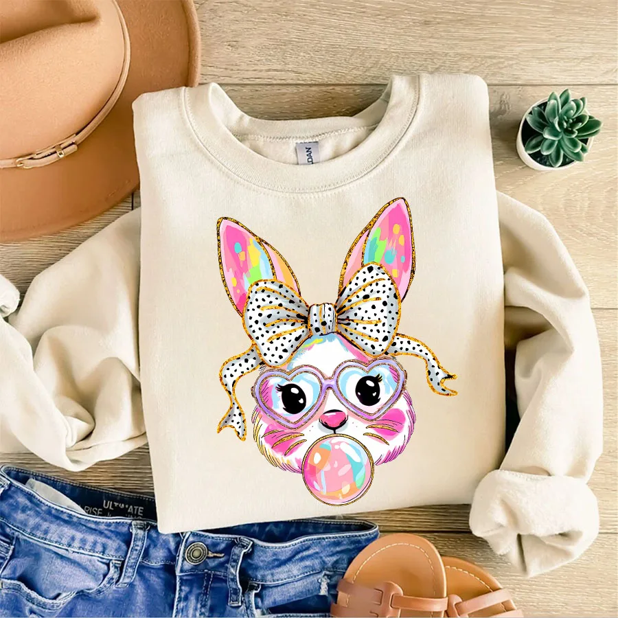 Happy Easter Bunny Bow DIY Vinyl Iron-On Heat Transfer Sticker Decal T-shirts Sweatshirts Bag Clothing Fabric Holiday Decor