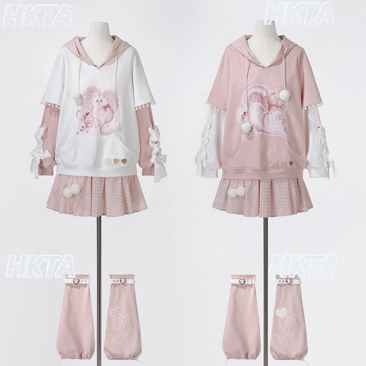 和風スイートキュートな刺繍入りラブストラップボウ付きルーズカジュアルチェック柄スウェットシャツコートAラインミニスカートセット女性用