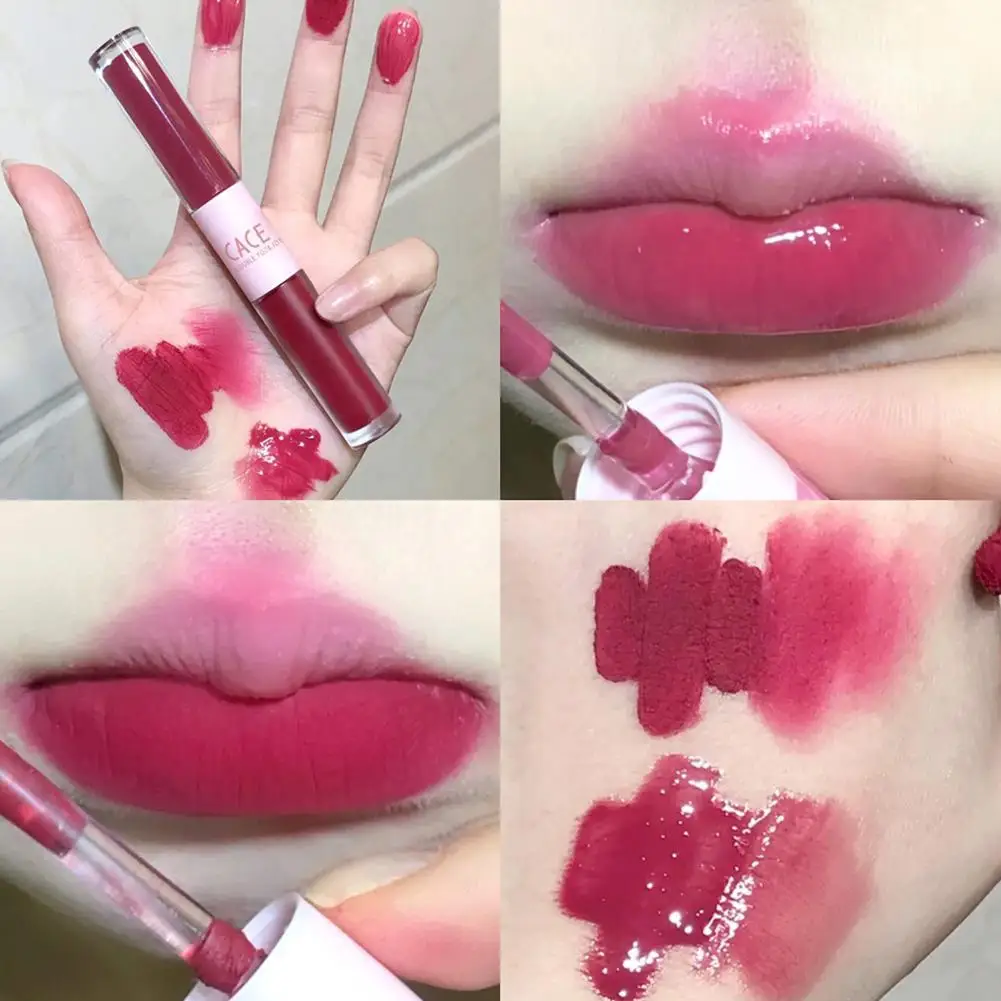 Double Ended Lip Gloss Batom, Espelho Translúcido, Estudantes Lip Lipstick, Cosméticos Matte Coreano, Esmalte Luz Água, M3L9, 1Pc