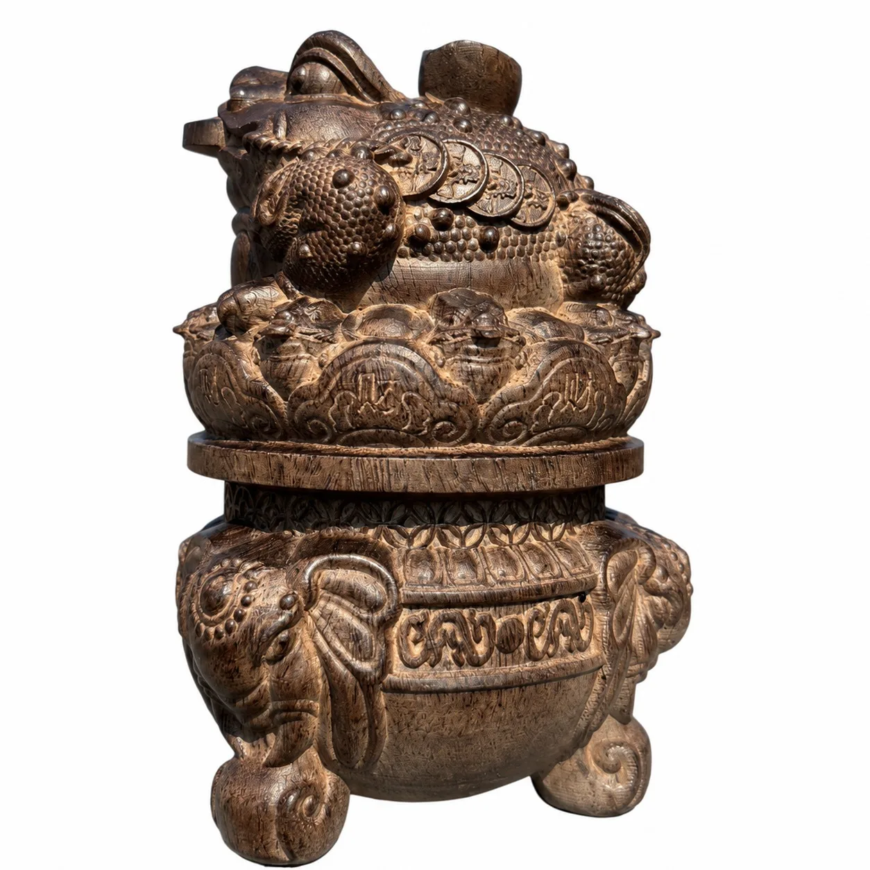 Hand Carved Agarwood Three Legged Toad Wealth Basin Sculpture for Traditional Chinese Feng Shui Home Living Room Desk Gift