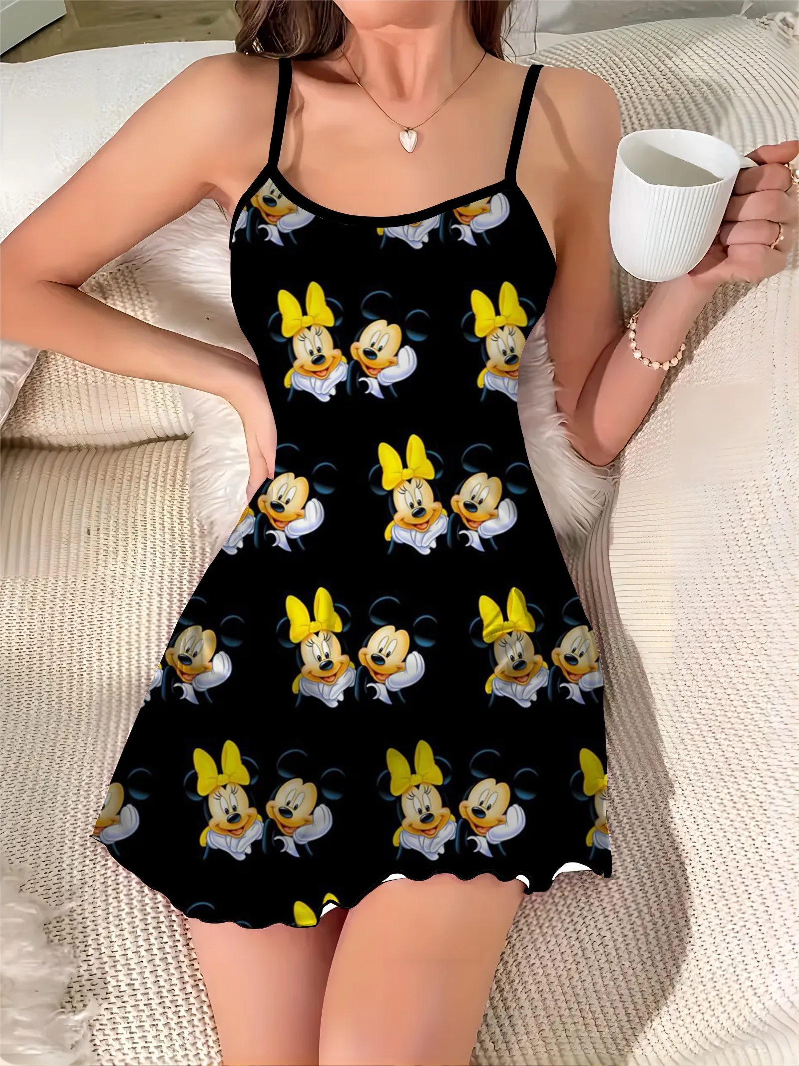 Elegant Chic Dress Mickey Minnie Mouse Lettuce Trim Crew Neck Disney Fashion Summer Dresses 2024 Pajama Skirt Satin Surface Mini