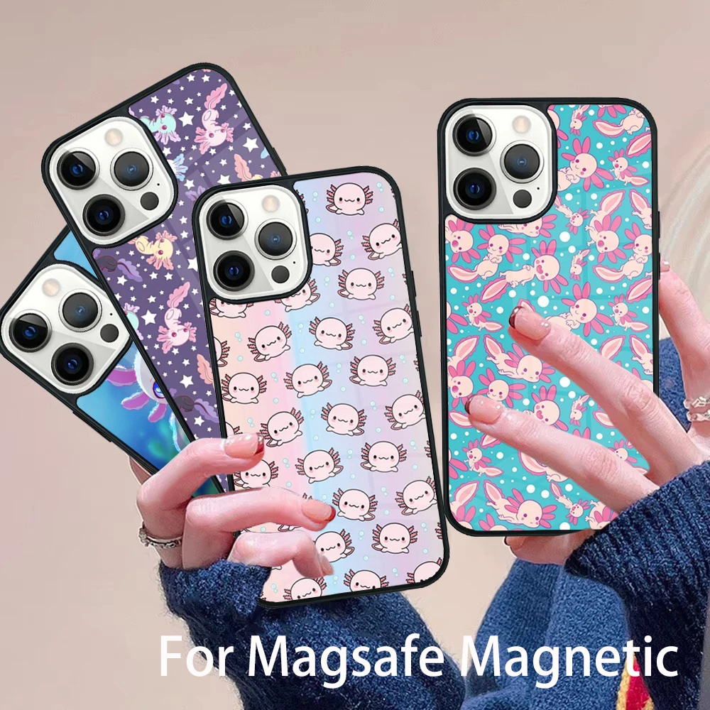 

kawaii axolotl pattern Phone Case Magesafe Magnetic Wireless Charge Cover For IPhone 16 11 12 13 14 15 Pro Max Plus Mini