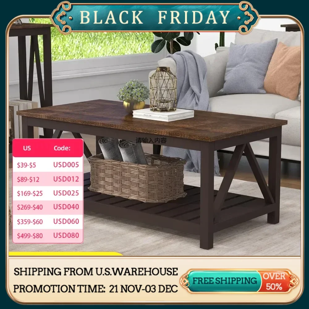 Farmhouse coffee table, rustic vintage living room table with shelves, 21.7 L x 39.4 W x 17.7 H inches