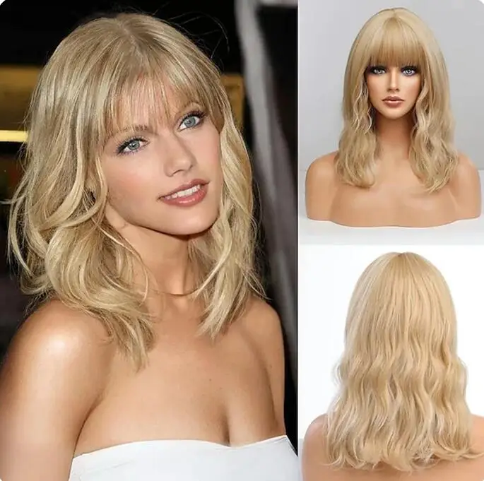 Shoulder Length Blonde Wig with Bangs Body Wave Bob Wig for Women Heat Resistant Synthetic Fiber Wigs 16Inch