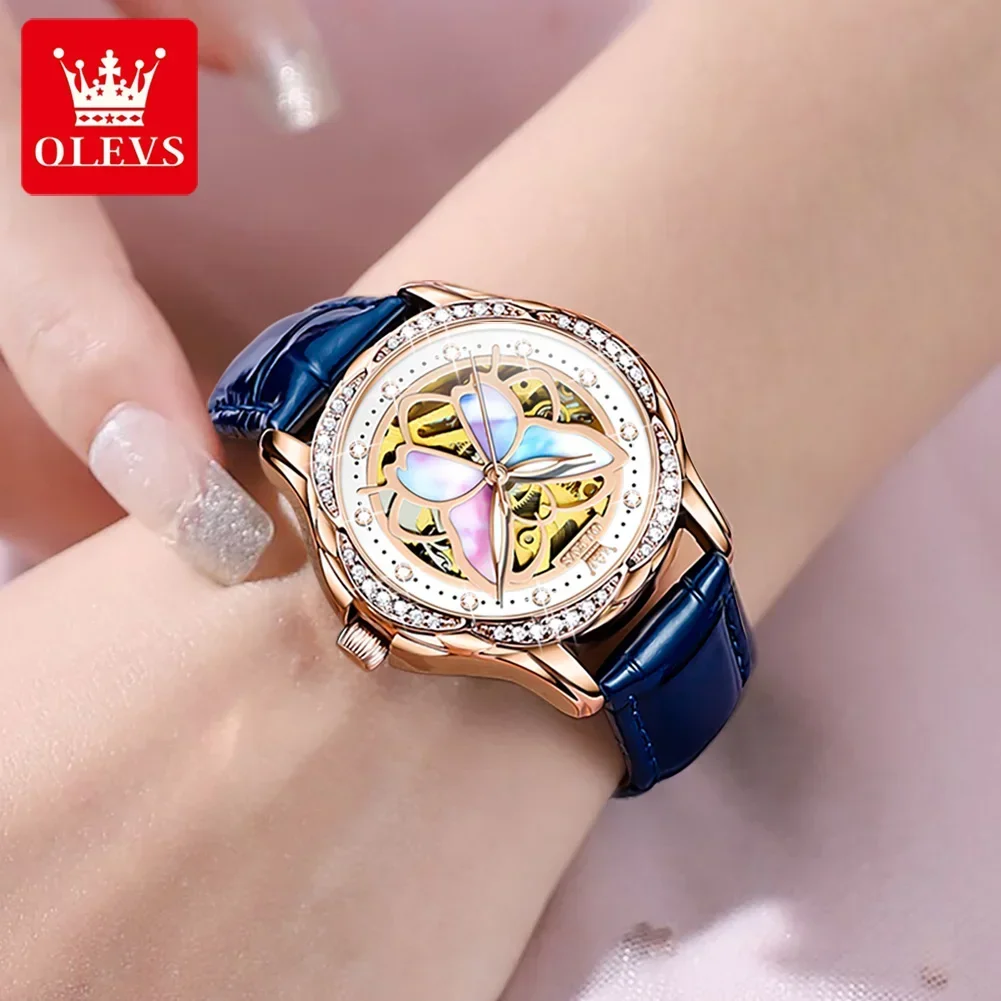 OLEVS High Quality Automatic Movement Womens Watch Ceramics Strap Skeleton Mechanical Wrist Watch Waterproof Watches for Women