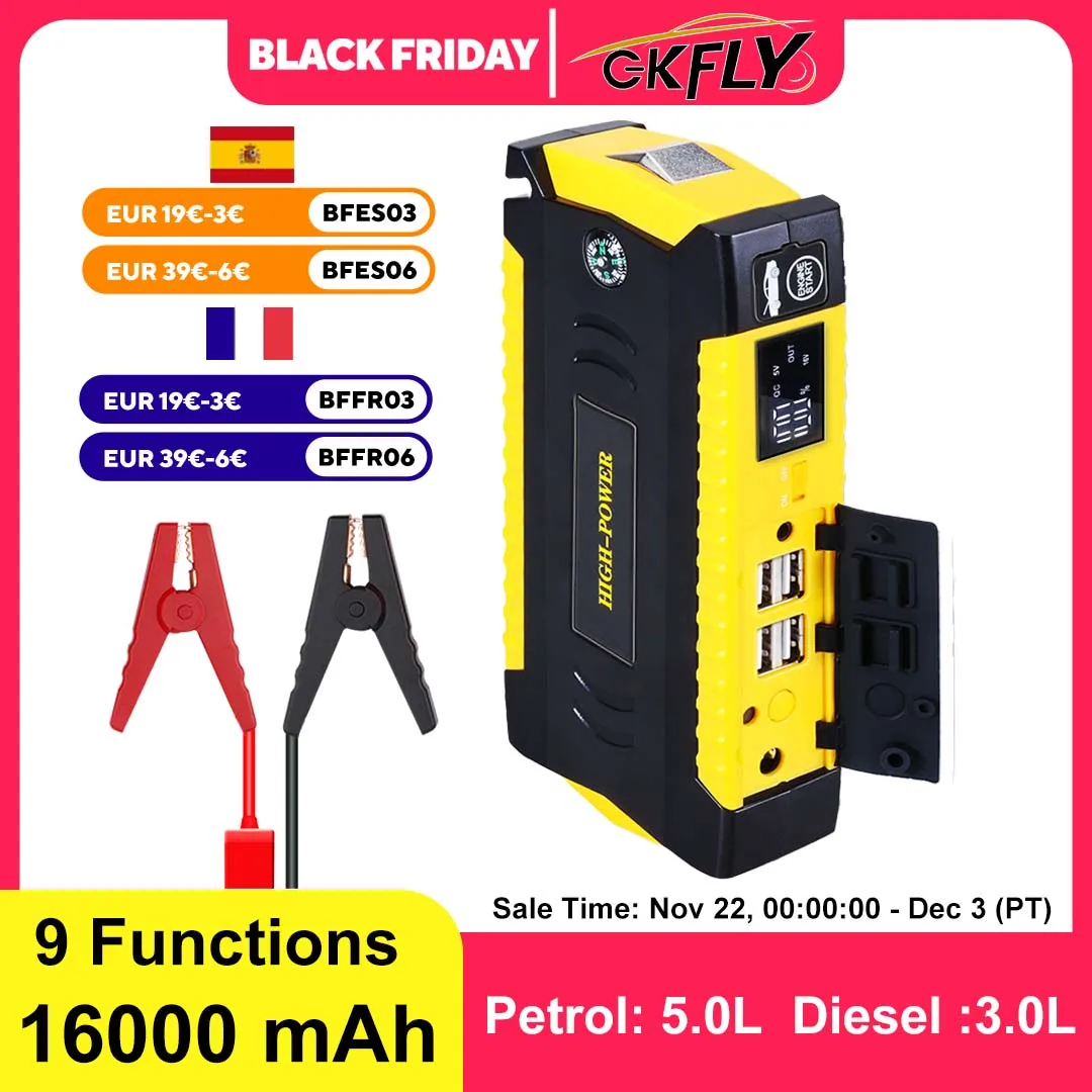 GKFLY 16000mAh Car Jump Starter Power Bank Portable Battery Booster Charger 12V Starting Device Petrol Diesel Car Starter Buster