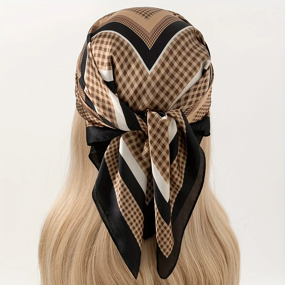 

27.5" Tartan Print Bandana Square Scarf Satin Checkered Pattern Neck Wrap Head Scarf Hair Accessories For Women