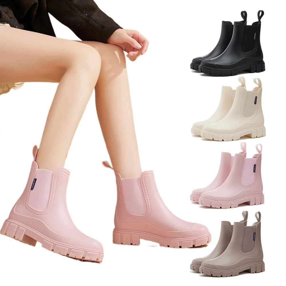 Waterproof Wellington Boots Thick Sole Stylish Ankle Boots Non-Slip Short Boots Breathable Wide Toe Booties for Outdoor Travel