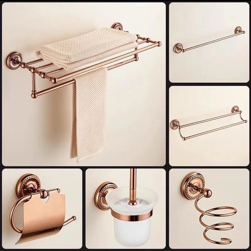 Retro Luxury Rose Gold Bathroom Set: Toilet Brush, Toothbrush Holder, Towel Ring, Tissue Holder, and Bathroom Accessories