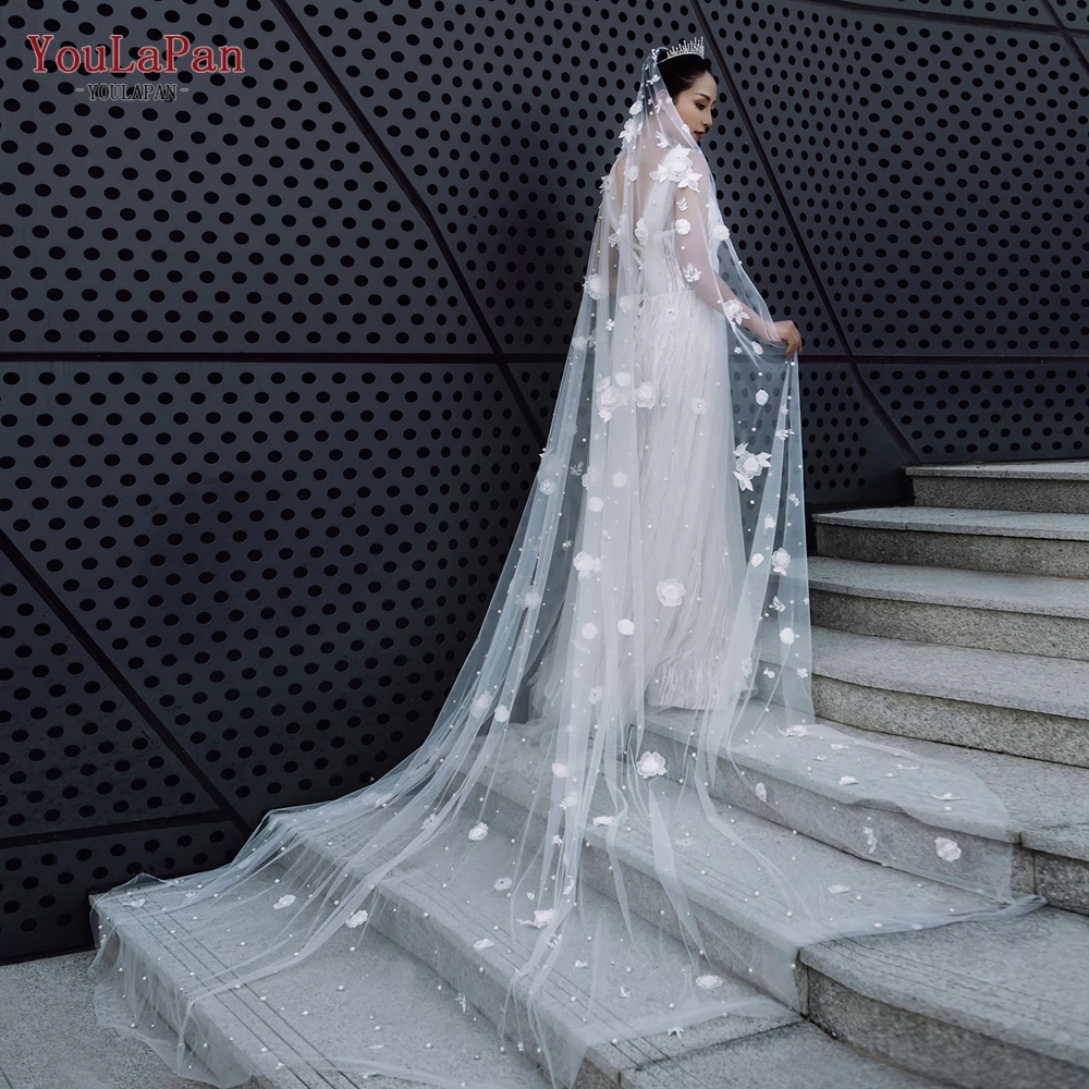 

TOPQUEEN V120 Hight Quality Wedding Veil Sparking Bridal Veils Wedding Crystal Beaded 3d Flowers Pearls 1 Tier Soft Cathedral