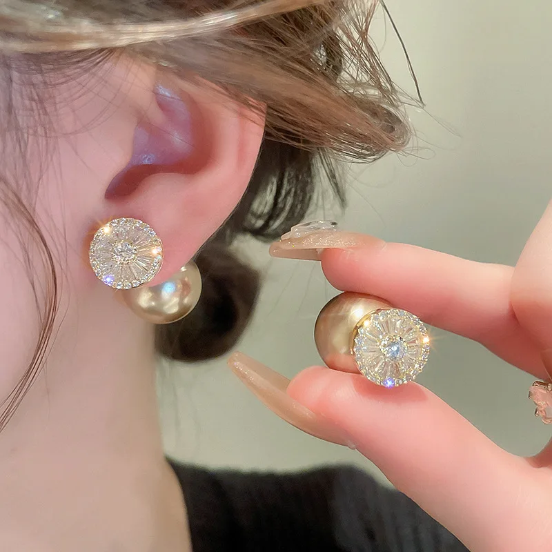 Double-sided Champagne Pearl Stud Earrings Zirconia Round Luxury Jewelry High Quality Fashion Gifts