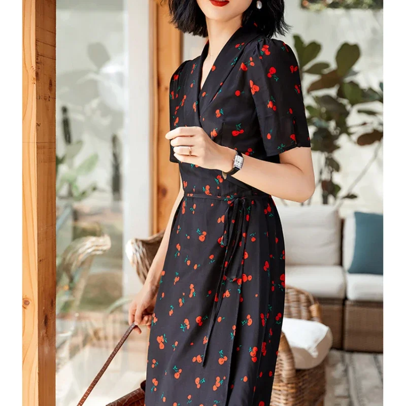 

100% Mulberry Silk Dress 2024 New A-line Summer Dress Women Short Sleeve Korean Slim Printing Mid-length Dresses For Women Zm