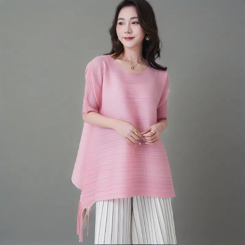

Miyake Pleated T-shirt Hundred Models Pleated Tops Women's 2025 Summer Thin Comfortable High-end Loose Plus Size Thin T-shirt
