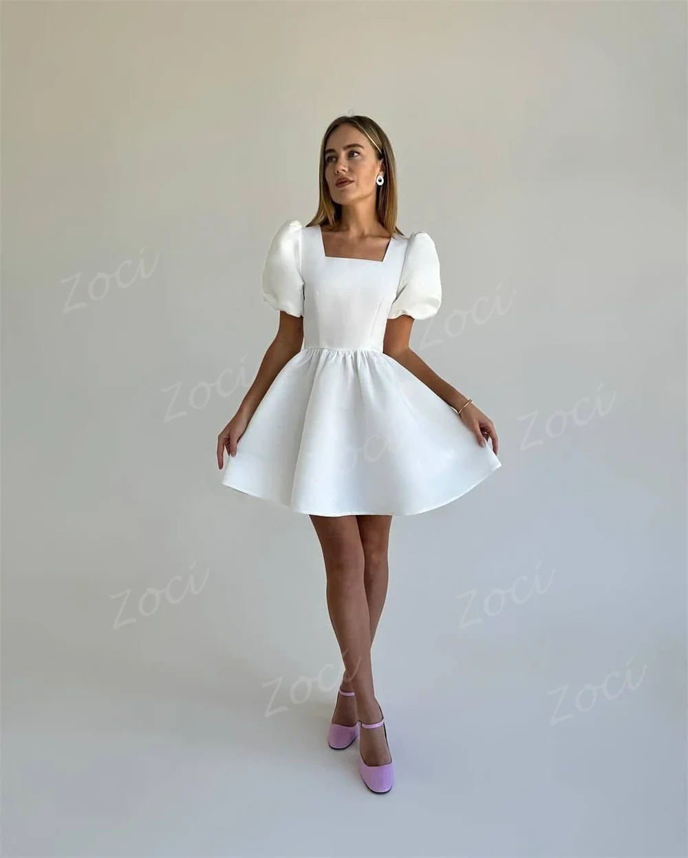 Zoci gola quadrada vestidos de baile curtos cetim uma linha manga curta puff vestido de baile personalizado vestidos de festa para ocasiões especiais