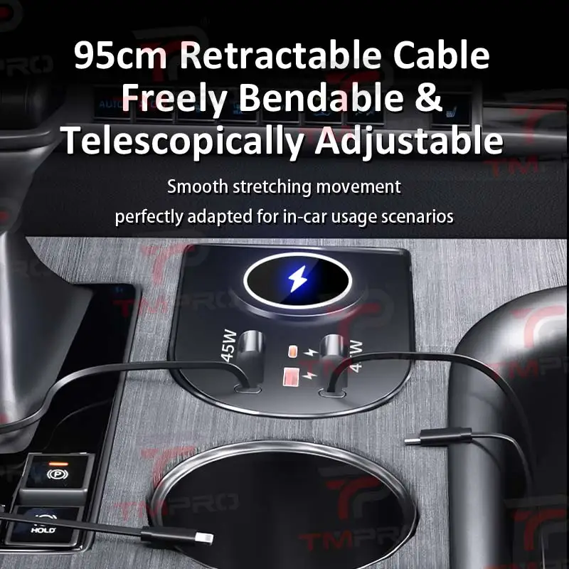 Fast Charging Expansion Dock For Toyota Sienna/Granvia Cup Holder Car Charger Hub With Wireless Charging & Retractable Cable