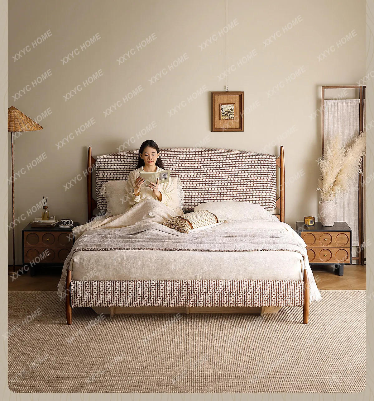 Medieval style solid wood fabric bedroom new 1.8 meters double removable and washable atmospheric retro bed