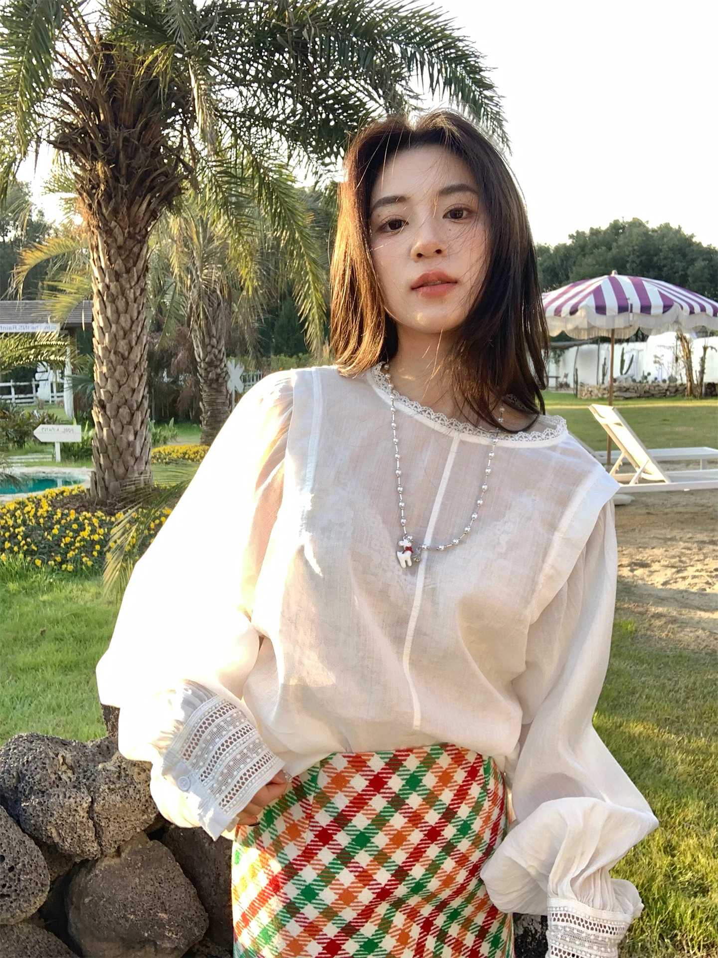 

INON White Cotton Linen Women's irt Spring 2026 New Lantern Sve Slimming Inner Wear Lace Trim Korean Sle Loose Fit