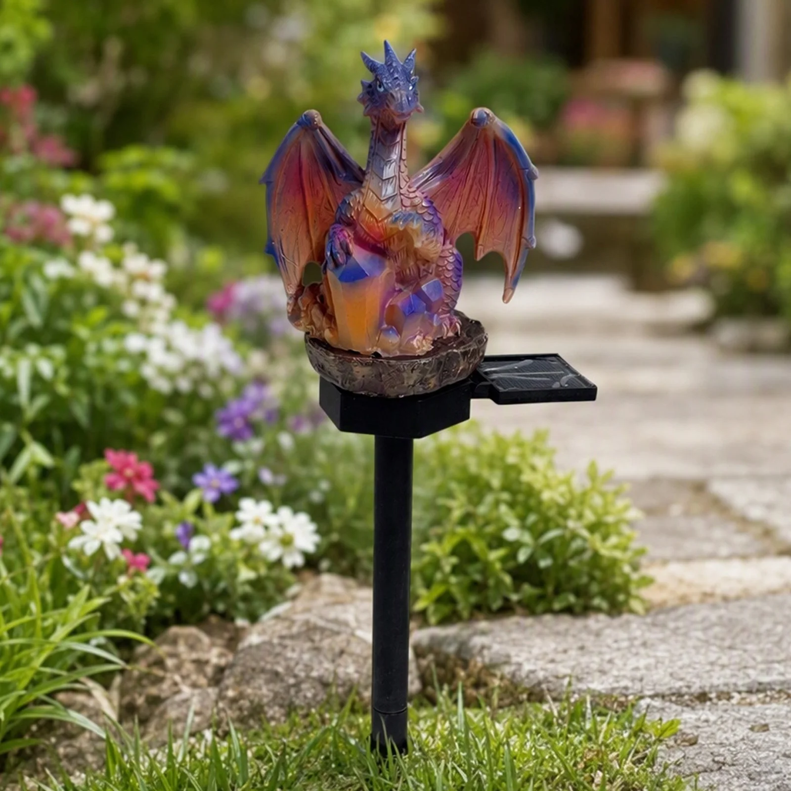 Solar Powered Golden Ember Dragon Stake Lights Multi-Purpose Outdoor Resin Dragons Figurine for Patio Lawn Yard Pathway Decors